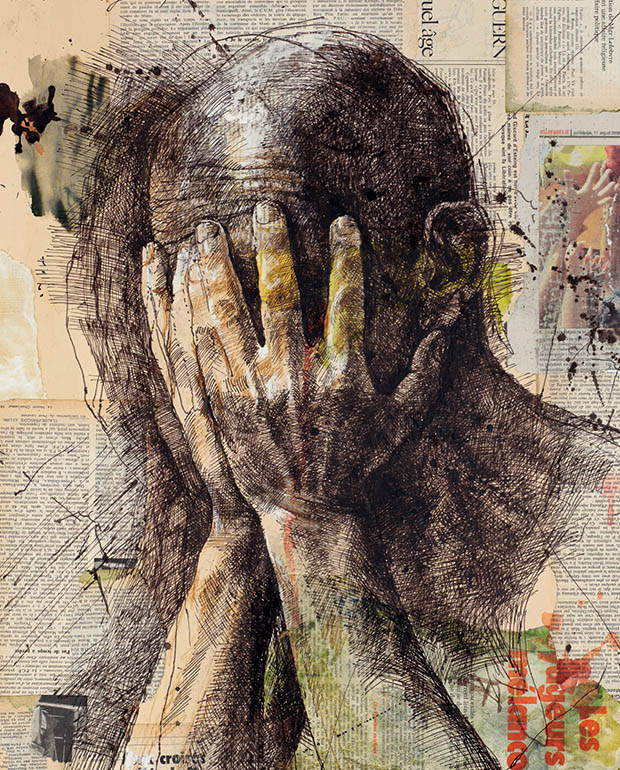 Mani sul volto (2008), china e collage su carta